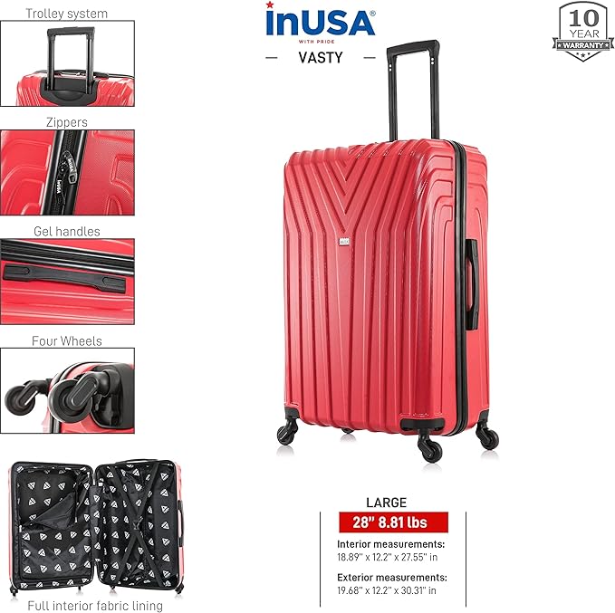 InUSA VASTY Luggage with Spinner Wheels | Durable Lightweight Hardside Suitcase, Travel Bag with Handle and Trolley, 28-Inch Large Checked Luggage | Red
