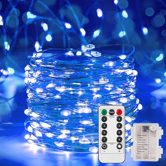 Ariceleo 4 Pack 16.4 Ft. Battery Operated Outdoor String Lights with Remote & Timer, LED Blue Fairy Lights, Waterproof Twinkle Lights for Bedroom, Dorm, Mason Jar, Wedding, Party, Christmas