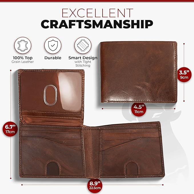 BULL GUARD Mens RFID Blocking Bifold Wallet Smooth Top Grain Leather, Secure and Durable Extra Capacity Billfold with 11 Credit Card Slots, Flip Up ID,Tight Stitching, Quick Thumb Push Access, No Logo