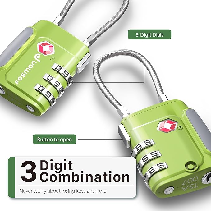 Fosmon TSA Approved Cable Locks for Luggage, Suitcase Locks with Push Release Button, 3 Digit Long Shackle Combo Wire Locks for Backpack, Gym Locker