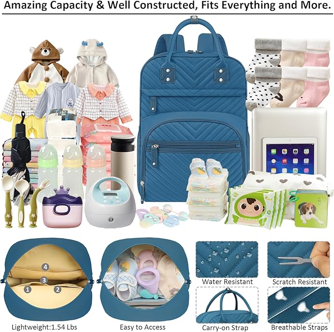 Tenot Baby Diaper Bag Backpack Tote for Women Large Capacity with Insulated Pockets Multifunctional Waterproof Diaper Bags For Baby Girl Boy Mama Maternity Travel Bag Peacock Blue