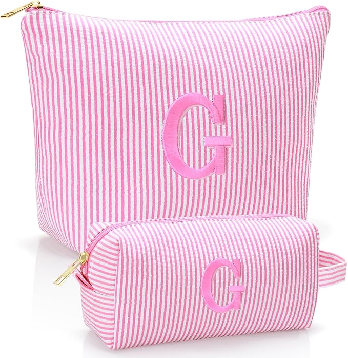 Personalized Initial Makeup Bag,Toiletry Travel Cosmetic Bag,Trendy Stuff for Teen Girls and Women,Holiday & Birthday Gift,2 Pack (G, Pink)
