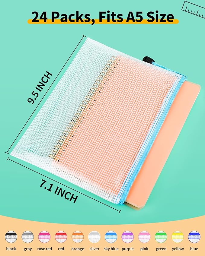 Smarpau A5 Mesh Zipper Pouch, 24 Pack 12 Colors 9.5" x 7.1" Multipurpose Zipper Pouches for Organizing, Waterproof Zip Bags Small Mesh Pouch for Travel, Office, Home Storage
