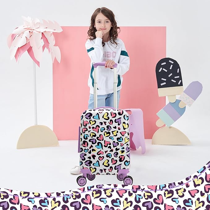 Kid's Luggage Set 2 Piece Suitcase Set Hardside Luggage with Spinner Wheels Girls Carry on Toddler Travel Rolling Suitcase with Neck Pillow Airline Approved