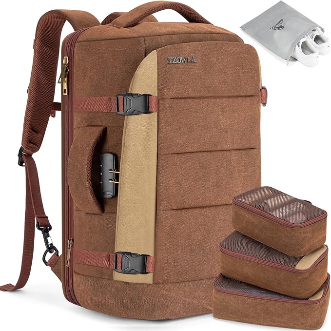 Tzowla 40L Canvas Expandable Travel Laptop Backpack for Men Women Carry on Flight Approved,Large Capacity Anti Theft Backpacks,Vintage Personal Item Bag Fit 17.3" Laptop(Brown & Khaki)