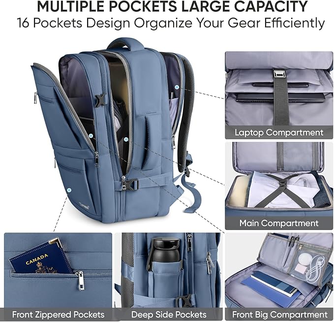 BALEINE Travel Backpack for Women Men, Large Sturdy Carry On Laptop Backpack Gifts for Business, Casual, Weekender, Hiking (XL, Dusty Blue)