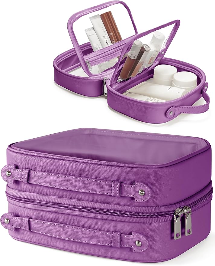 Clear Cosmetic Bag Double Layer Travel Toiletry Bag Clear Makeup Bag Case with 4 Compartments, Transparent Travel Bag for Toiletries, Large Toiletry Bag for Women Cosmetic Case (Purple, Large)