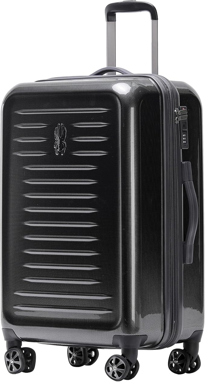 Spyder Rails Expandable Hardside Upright Suitcase with 360° Spinner Wheels, TSA Approved Lock (Black, Medium Checked)