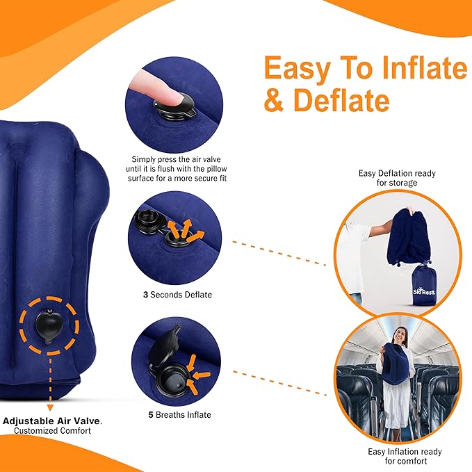 Inflatable Travel Pillow - Airplane Pillow for Neck Support on Planes, Buses, Cars, Office & Trains - Comes with Eye Mask, Earplugs & Portable Drawstring Bag (Blue)