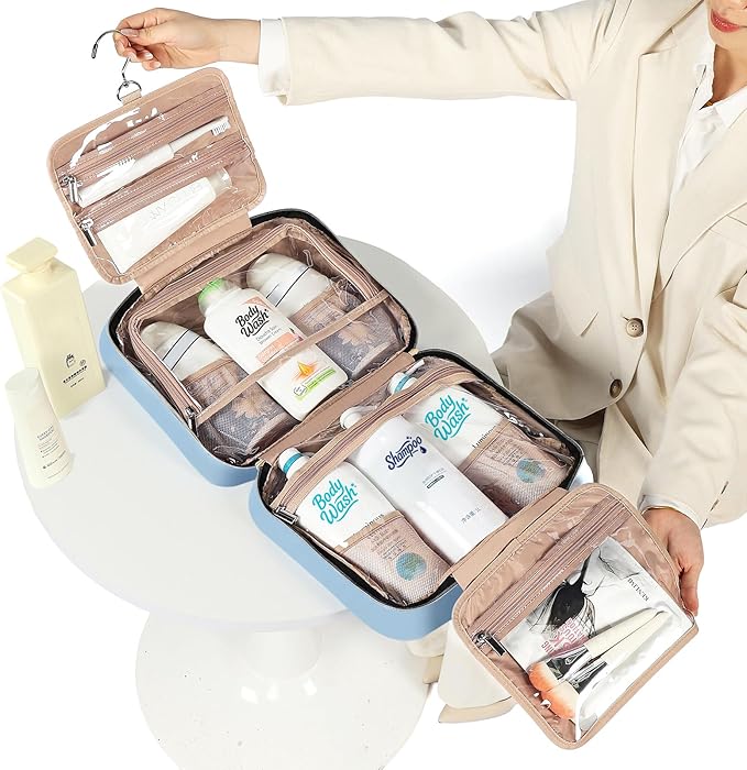 NISHEL Travel Toiletry Bag for women, Portable Hanging Organizer for Family-Sized Shampoo, Conditioner, Brushes Set, Makeup Accessories, Extra Large Size, Placid-Blue