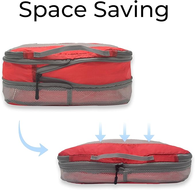 Lewis N. Clark ElectroLight Expandable Compression-Packing Cube + Travel Organizer for Luggage, Suitcase or Carry On with Smart Design Grab Handle & Breathable Mesh, 2-Pack (1 Med, 1 Large), Red