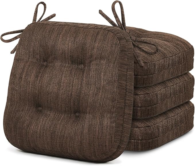 Shinnwa Dining Chair Cushions Set of 2, Dual-Layer Memory Foam Kitchen Chair Cushions, Patented Design Seat Pads with Ties, 16.5 x 16.5 x 3.5in, 4 Pack, Dark Brown
