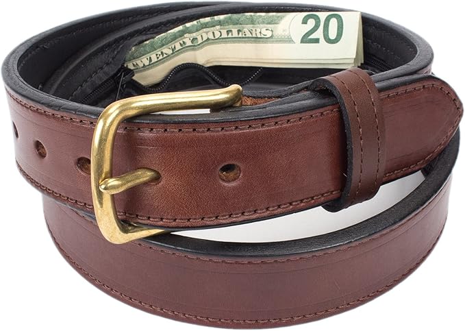 Hidden Money Pocket Travel Leather Belt (Size 54, Brown)