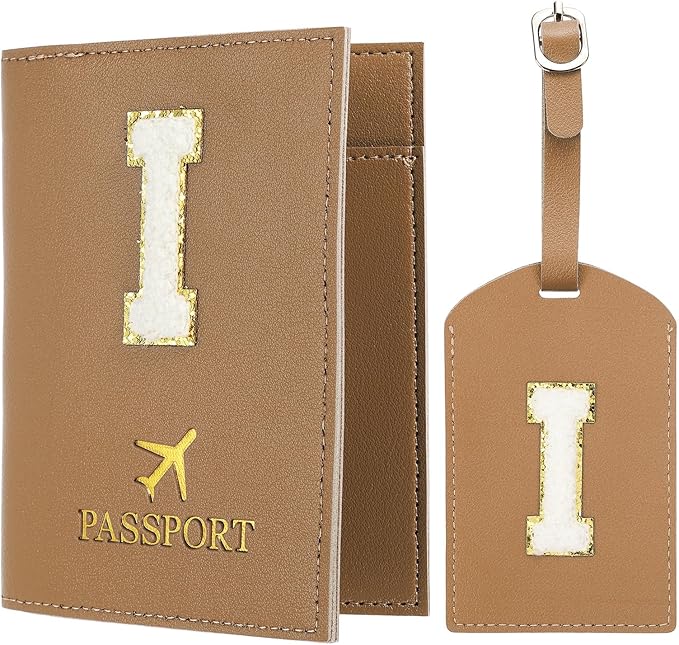PATIKIL Passport Holder for Travel, Initial Passport Cover and Luggage Tag Set with Alphabet Chenille Letter Patch Travel Wallet Bag Suitcase Identifier for Women Family Travel Brown I