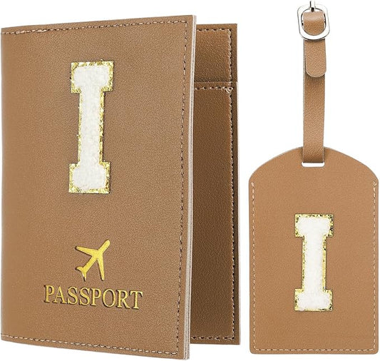 PATIKIL Passport Holder for Travel, Initial Passport Cover and Luggage Tag Set with Alphabet Chenille Letter Patch Travel Wallet Bag Suitcase Identifier for Women Family Travel Brown I