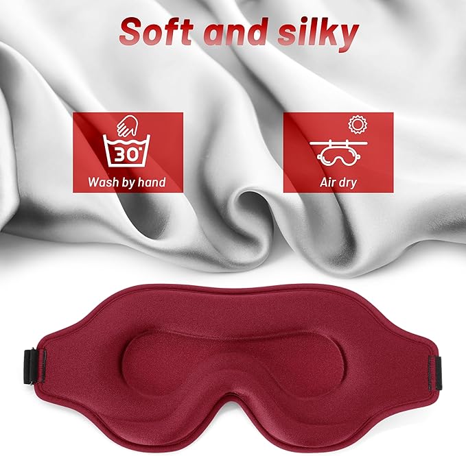 Sleep Eye Mask for Men Women, Sleeping Mask for Side Sleeper, Travel Blackout Night Blindfold Eye Shade Cover with Adjustable Strap (Red-3D)