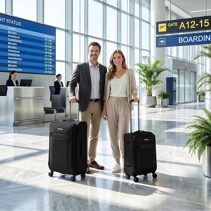 2PCS Set（22in/28in）Softside Luggage Sets w/TSA LOCK,Expandable 20% Luggage w/Spinner Wheels,Upright Spinner Softshell,Lightweight Durable Rolling Travel Luggage Set for Men/Women（Black,22in/28in）