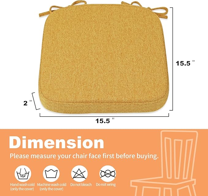 SINOSSO Memory Foam Chair Cushions for Folding Chairs 6 Pack, Thickened 2" Square Pads with Ties for Kitchen Chairs, Indoor Non-Slip Dining Chair Seat Cushions (6 Pcs,Yellow)