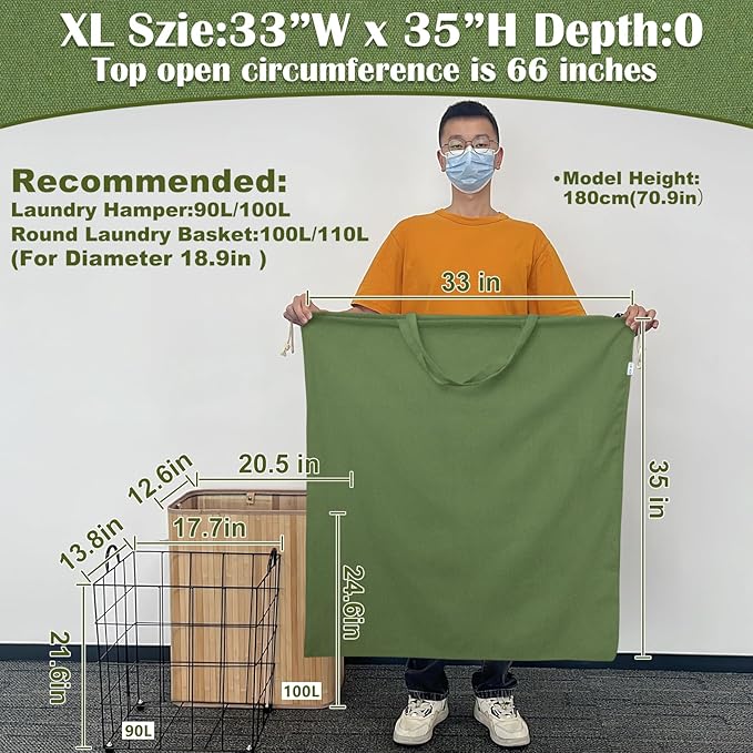 Canvas Laundry Bag 33"Wx 35"H, Thick Cotton Laundry Bag with Handles & Drawstring, Extra Large Heavy Duty Washable Basket Liner Hamper Liner Canvas Storage Sack (XL ArmyGreen)