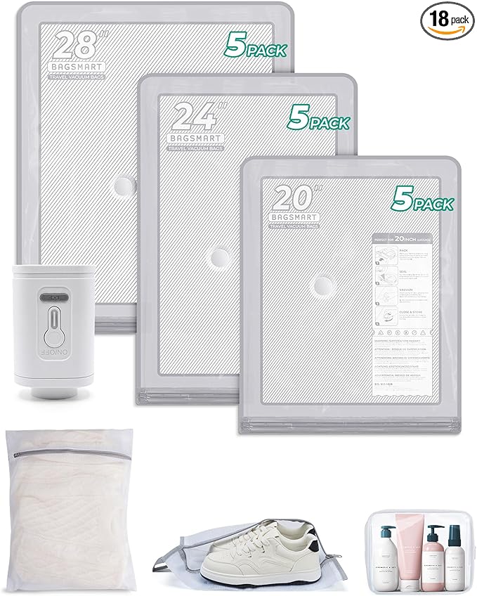 BAGSMART Vacuum Storage Bags with Portable Pump, Travel Space Saver Bags for Clothes, Heavy Duty Compression Bags for Storage, Vacuum Seal Bags with Hand Pump, Travel Essentials for Packing-Gray