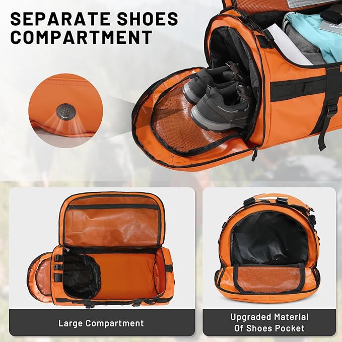MIER Large Duffle Backpack Sports Gym Bag with Shoe Compartment, Heavy Duty and Water Resistant, Orange, 60L