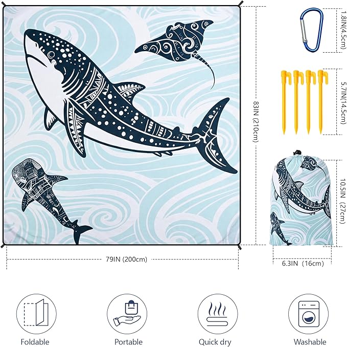 Beach Blanket Waterproof Sandproof Beach Mat 79”x 83” for 1-8 Adults Quick Drying Durable Outdoor Picnic Mat for Beach Festival Travel Camping Hiking (Shark, 79"×83"(4 Person))