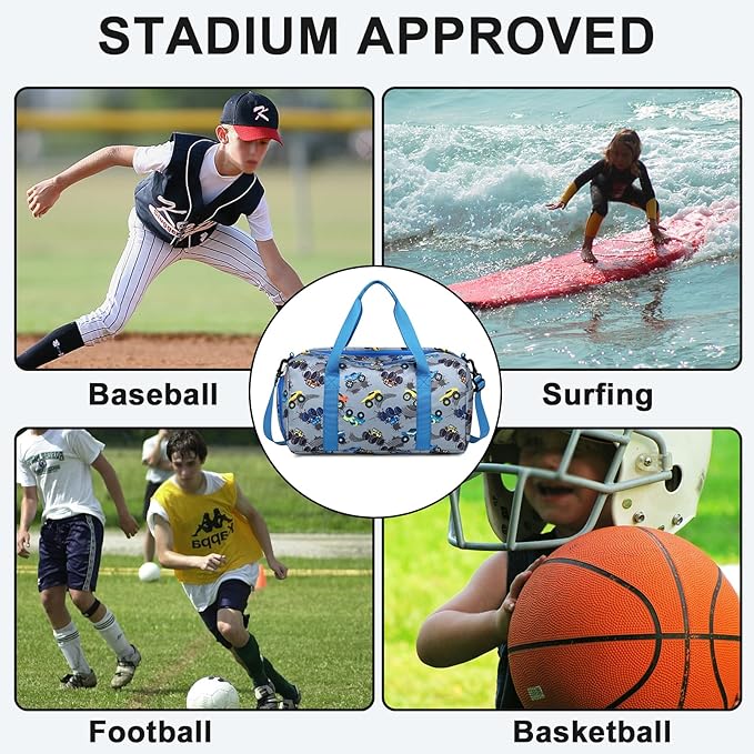 BTOOP Duffle Bag for Girls Kids Gym Sports Women Workout Travel Bag Weekender with Shoe Compartment and Wet Pocket (Truck-Blue)