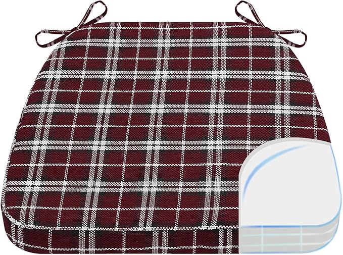 AAAAAcessories D-Shaped Chair Cushions, 2" Thick Dining Chair Pads with Ties and Removable, Machine-Washable Cover, 17" x 16", Red Checkered