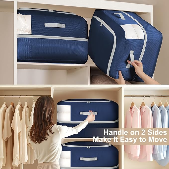 Comforter Storage Bag - 110L Large Capacity Blanket Storage Bags Ultra Space Saving Self Compression Organizer, Washable Compression Bags for Storage Comforter Blanket, 1-Pack, Navy Blue