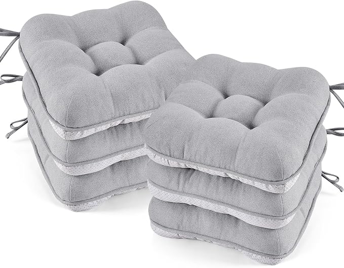 BETU Chair Cushions for Dining Chairs Set of 6,3.5" Thick Kitchen Table Chair Pads with Ties,Non Slip Backing and Covers, Seat Cushion for Dining Room,Bar,Patio Chairs,16"X16"X3.5",Light Grey