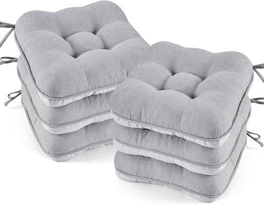 BETU Chair Cushions for Dining Chairs Set of 6,3.5" Thick Kitchen Table Chair Pads with Ties,Non Slip Backing and Covers, Seat Cushion for Dining Room,Bar,Patio Chairs,16"X16"X3.5",Light Grey