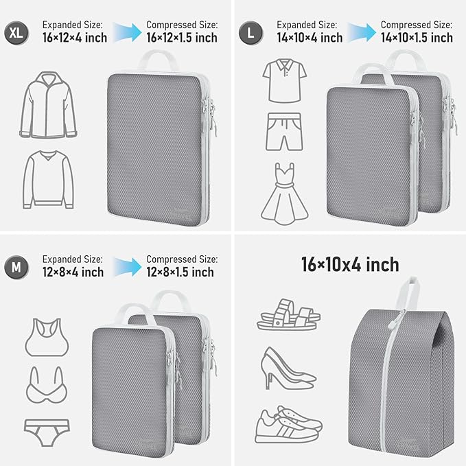 6 Set Compression Packing Cubes, Suitcase Organizer, Lightweight Travel Essentials, Compression Bags For Travel Accessories Luggage Storage Set (6Pcs, Gray)