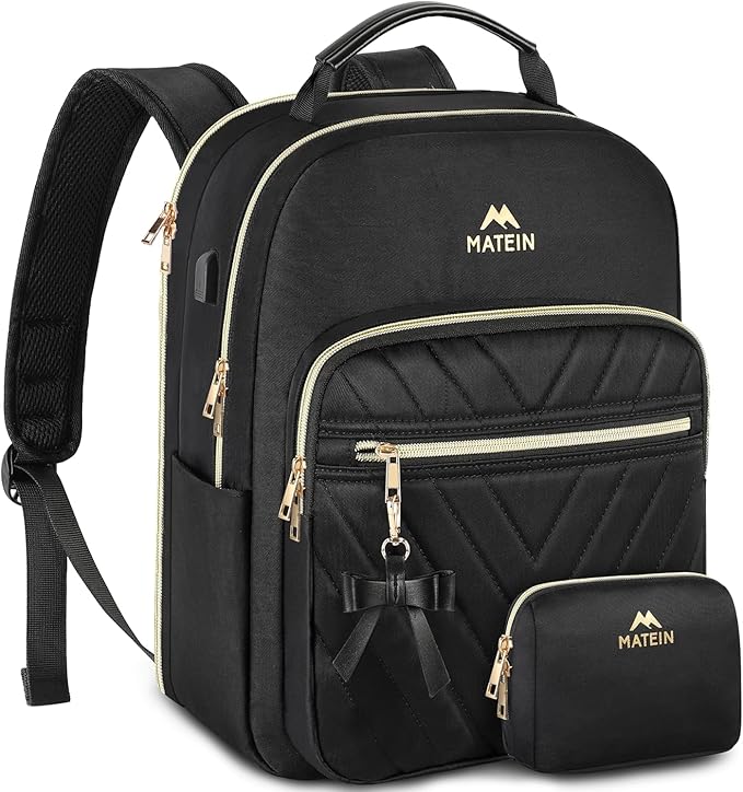 MATEIN Backpack Purse for Women, 15.6 inch Cute Stylish Waterproof Backpack Purse, Fashion Waterproof Casual Daily Shoulder Bag for College Work Travel, Gifts for Ladies, 2pcs Set, Black