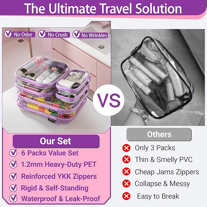 YQBRAO 6 Pack Clear Hard Shell Zipper Case, See-Through Hard Plastic Organizer Pouches with Zipper for Travel, Toiletries, Makeup, Electronics & Pencils - Crush-Resistant Storage (Purple)