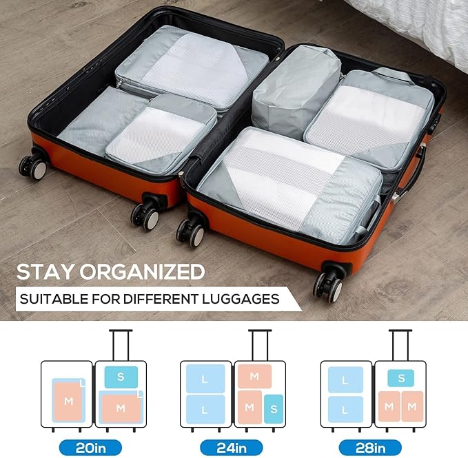 Compression Packing Cubes, 7 Set Packing Cubes for Travel Compression, Lightweight Compressible Package Organizer for Carry On and Suitcases, Light Grey