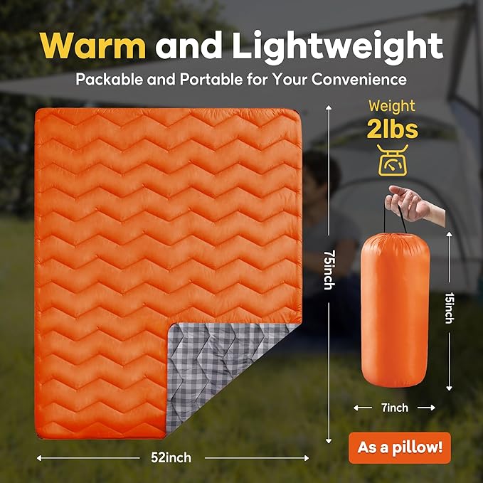 UNIKOME Waterproof Puffy Camping Blanket - Lightweight Packable Outdoor Quilt with Corner Loops, Warm Compact Blanket for Cold Weather Hiking Picnic Stadium Travel, 75"×52", Orange