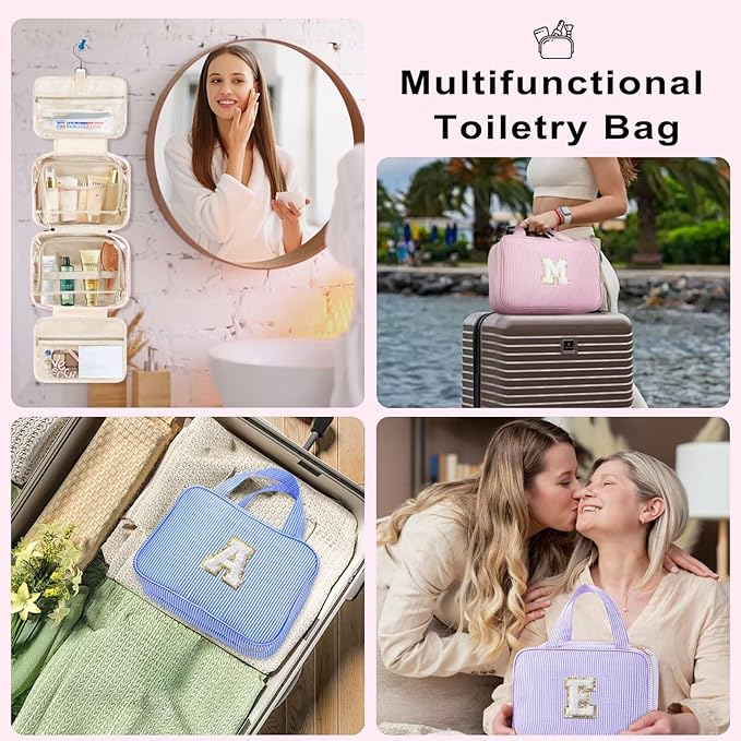 TOPEAST Travel Toiletry Bag for Women - Hanging Toiletry Bag Makeup Bag, Portable Toiletries Cosmetic Bag, Airplane Travel Essentials - Letter V, Blue