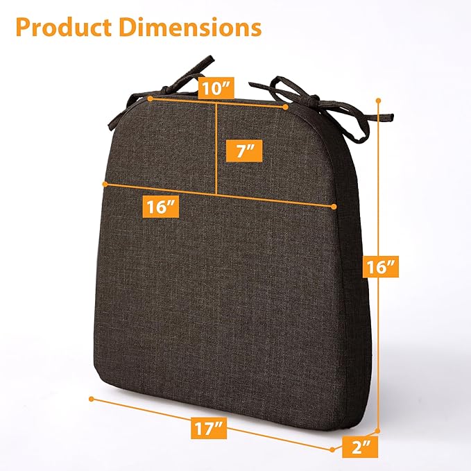 Chair Cushions for Dining Chairs, 2" Thick Seat Cushions for Kitchen Chairs, D-Shaped Chair Pads with Washable Cover, Ties and Non Slip Backing, 17'' x 16'', Set of 2, Brown