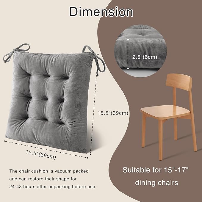 OVOV 4 Pack Chair Cushions for Dining Chairs Soft Seat Cushions for Kitchen Desk Chairs Square Chair Pads with Ties (15.5"x15.5" Light Grey)