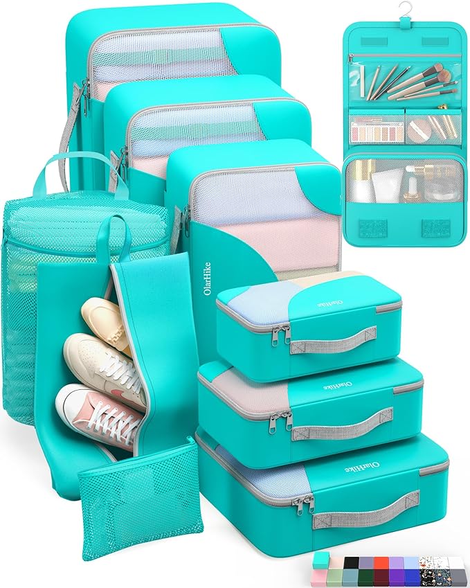 10 Set Packing Cubes for Travel, Gifts for Women Mom,Anti-Tearing Suitcase Organizer for Luggage with Shoe & Hanging Toiletry Bag,OlarHike Vacation Essentials & Accessories for Cruise Ship