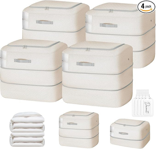 Comforter Storage Bag - 110L Large Capacity Blanket Storage Bags 2-Layer Ultra Space Saving Self Compression Organizer, Washable Compression Bags for Storage Comforter Blanket, 4-Pack, Beige