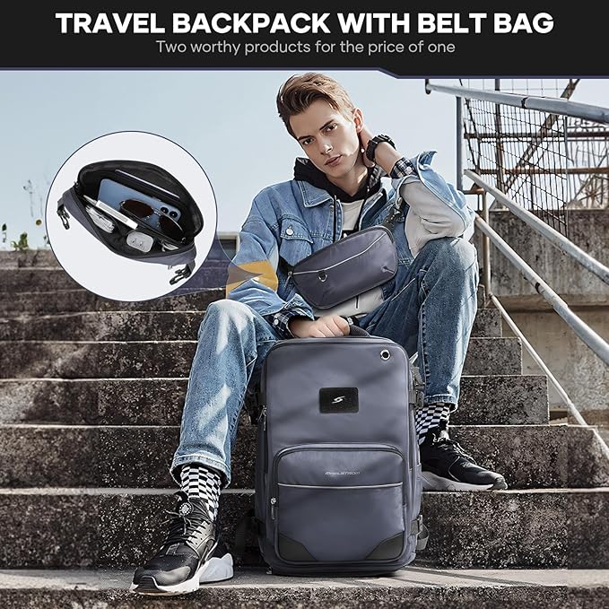 Maelstrom Travel Backpack for Men Women, 35L Carry on Backpack for Traveling on Airplane,with Belt Bag&Shoe Compartment,Waterproof Laptop Backpack fit 17”Laptop-Mystery Grey