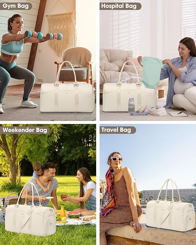 Women Weekender Travel Duffle Bag: Travel Duffel Overnight Bags with Shoe Compartment Large Carry on Tote with Toiletry Bag Weekend Traveling Yoga Gym Hospital Bag for Women with Wet Pocket Beige