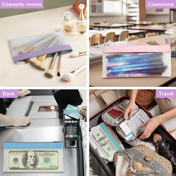 JIABEIUS 8pcs Money Bags with Zipper, Clear Cash Envelopes, Plastic Bank Deposit Bags, Multi-Purpose Money Pouch for Cash Storage, Bank Check Receipt Organizer, Coin Wallet