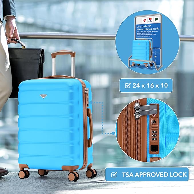 Flight Knight 24x16x10 Expandable Carry On Suitcase Hardside TSA Lock USB C Lightweight Luggage Silent Double Spinner Wheels Maximum Overhead Carry-On Bag Virgin South West Approved Turquoise/Tan