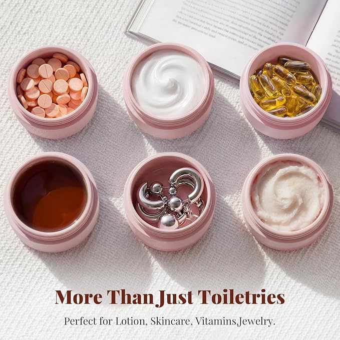 New Travel Toiletry Containers [Ultra Leakproof] TSA-Approved, PLA Hard Shell Jars with 5 Magnetic Labels, Wide Mouth Bottles for Lotion, Cleanser, Shampoo, Conditioner, Pink, 3 Pack, 1OZ
