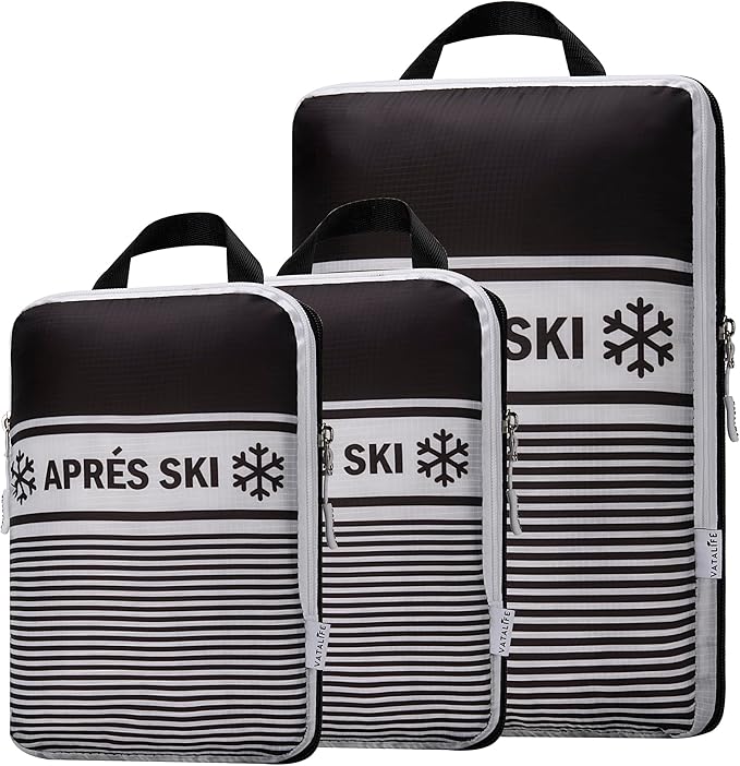 Apres Ski Packing Cubes Organizer Bags for Suitcase & Backpack, Compression Packing Cubes for Travel, Lightweight Luggage Organizers, Travel Cubes, Vacation Essentials, 3pc Set, Black Apres Ski