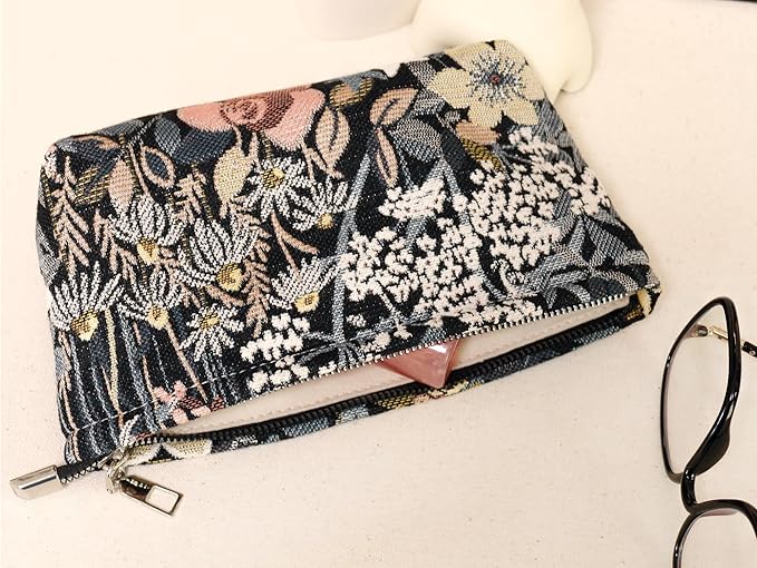 HAPPYHEIDI Cute Floral Makeup Bag Cosmetic Travel Pouch with Bottom and Zipper, Purse Make Up Organizer, Aesthetic Textured Fabric, Medium