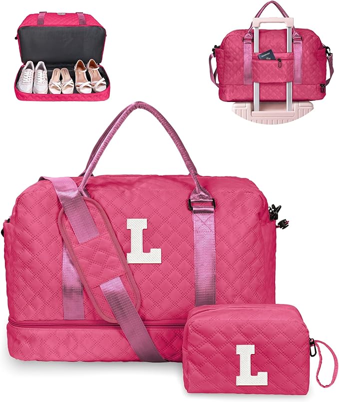Birthday Gifts for 3 4 5 6 7 8 9 10 11 12 13 Year Old Girls-Initial Travel Bag with Shoe Compartment, Weekender Bag, Overnight Bag for Women, Letter Travel Bag with Makeup Bag (Letter L)
