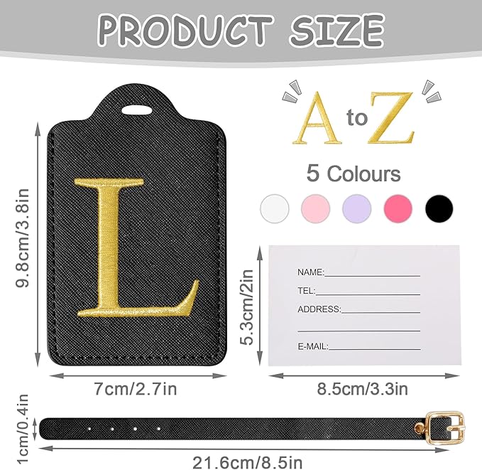 Personalized Initial Luggage Tags for Suitcases, Cute PU Leather Embroidered Letter Travel Luggage Tags, Suitcase Identifier Name Baggage Tag, Bag Tags for Men Women Kids Luggage Handbags(Black L)